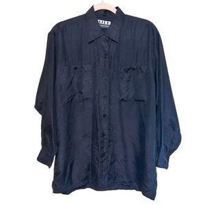 VTG Silk Collection Button Up Shirt Womens Medium Black 100% Silk Career Minimal